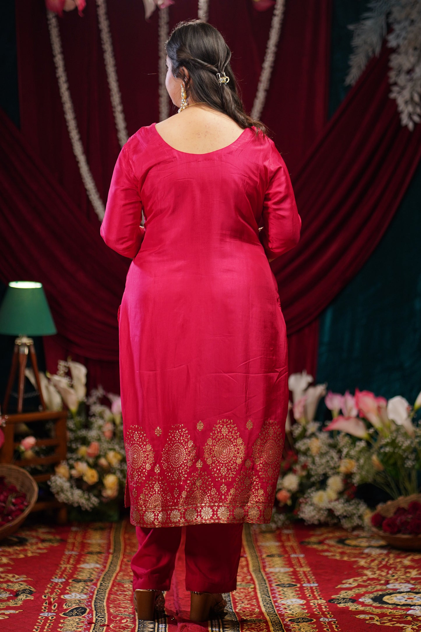 Rosewood Pink Jacquard Silk Suit