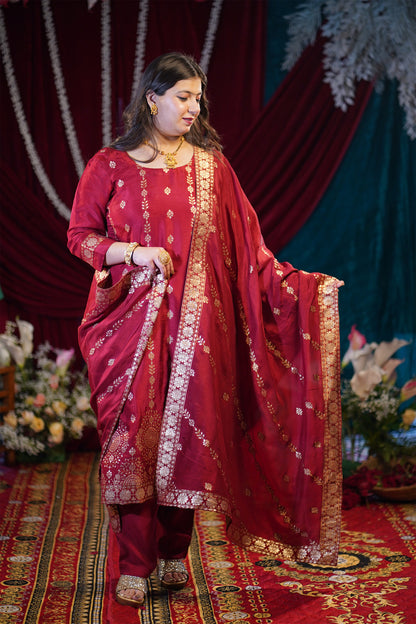 Deep Maroon Jacquard Silk Suit