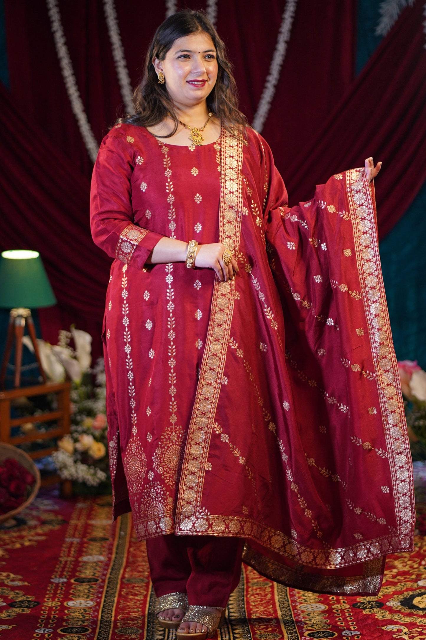 Deep Maroon Jacquard Silk Suit