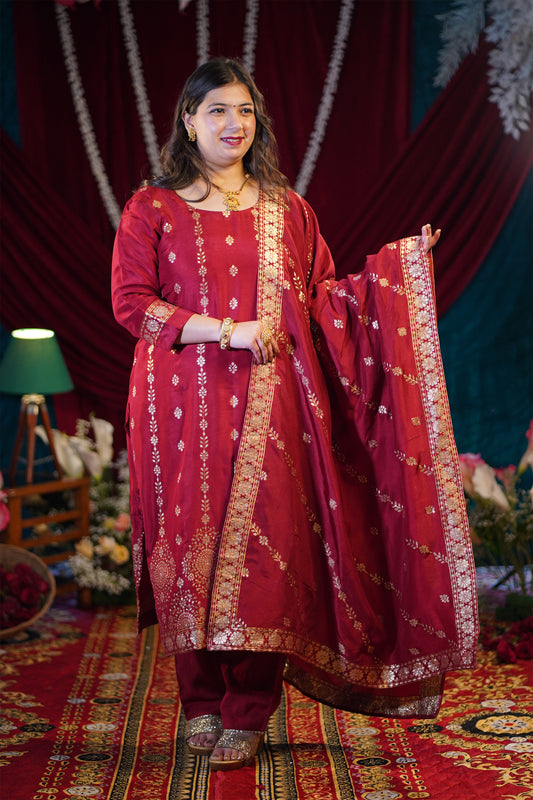 Deep Maroon Jacquard Silk Suit