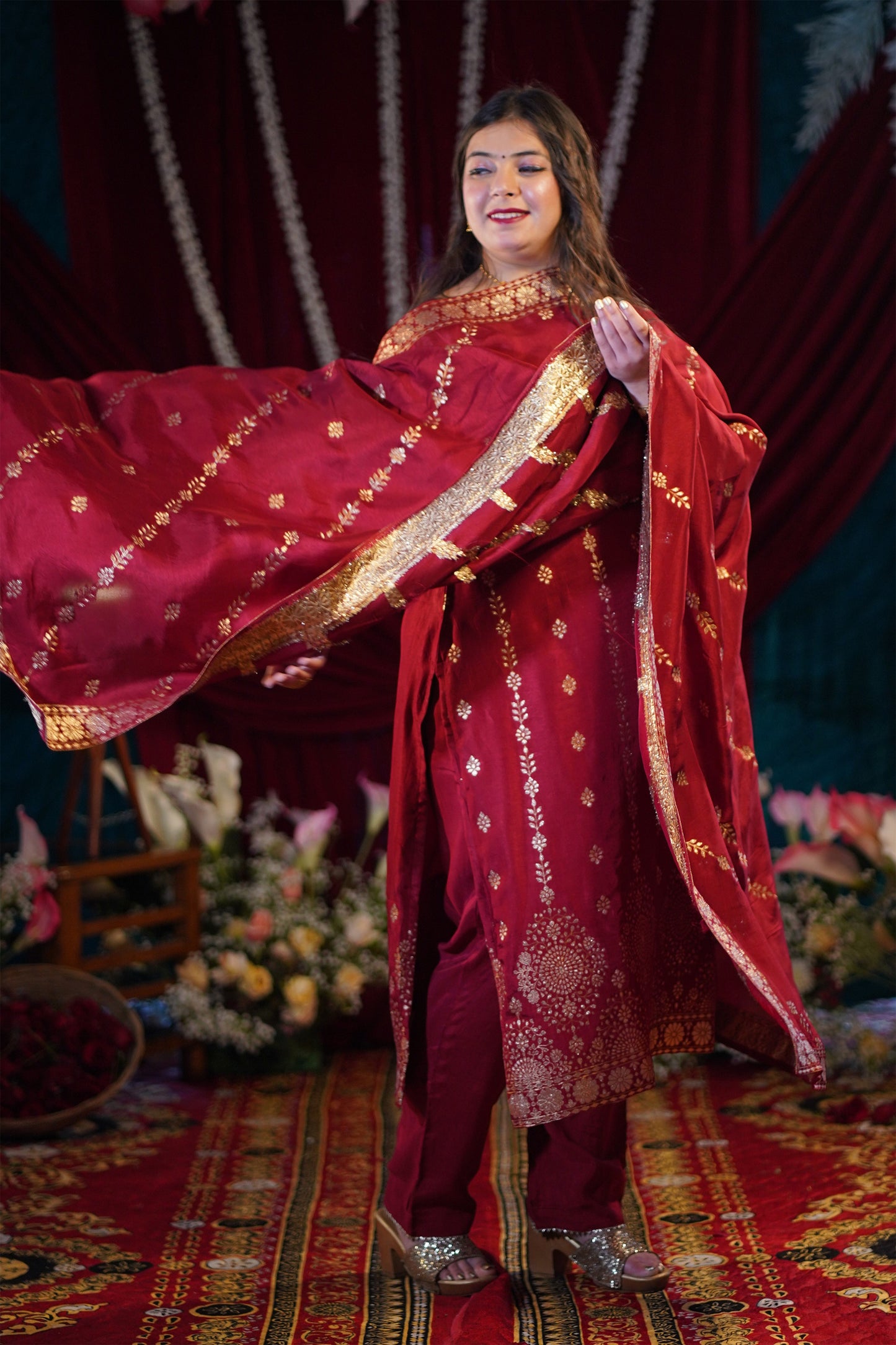 Deep Maroon Jacquard Silk Suit