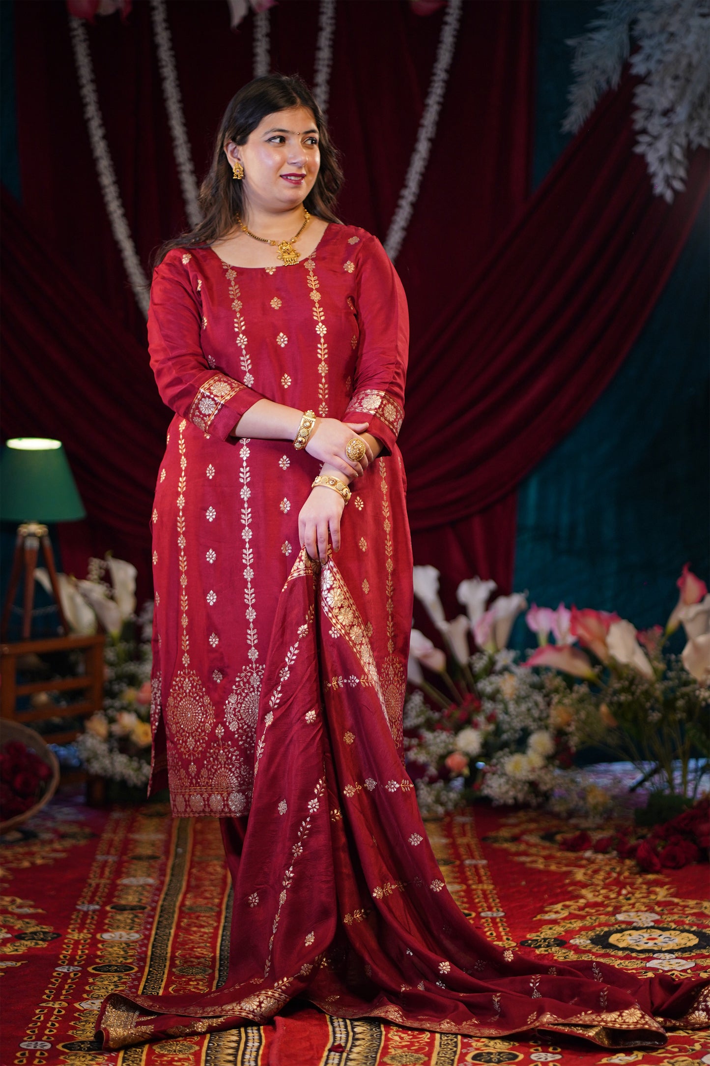 Deep Maroon Jacquard Silk Suit