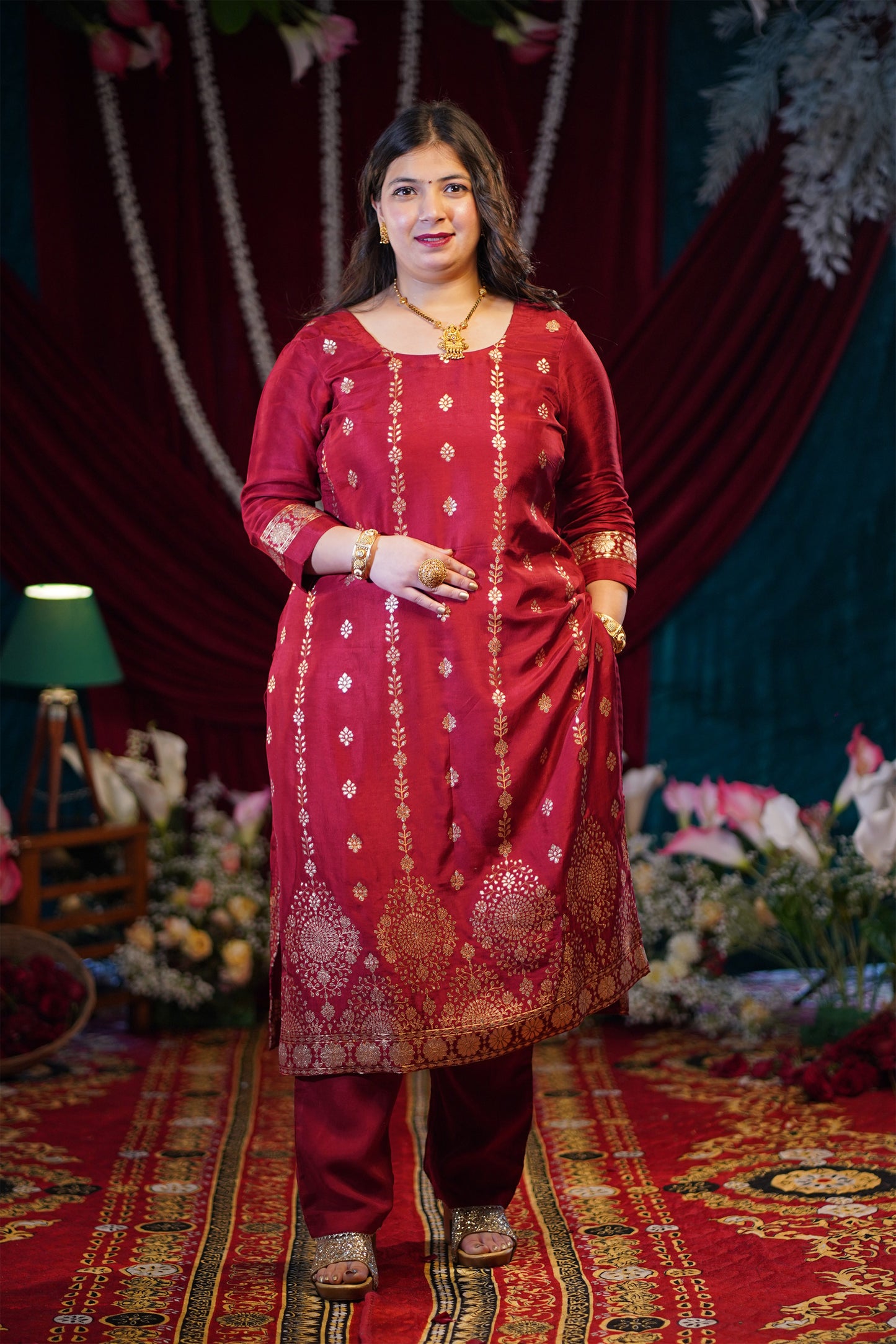 Deep Maroon Jacquard Silk Suit