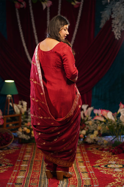 Deep Maroon Jacquard Silk Suit