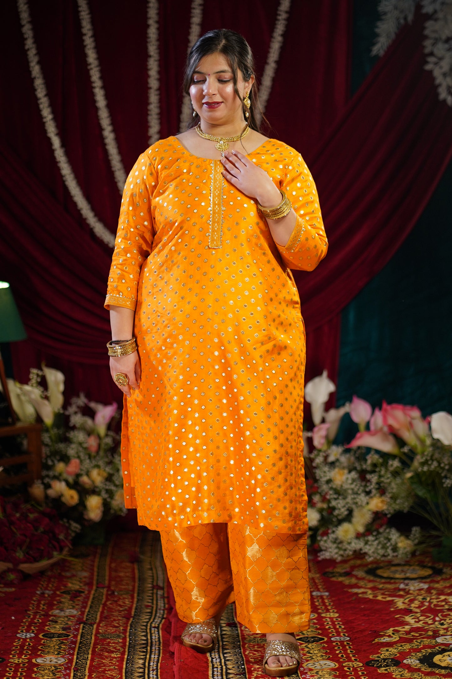 Mustard Gold Jacquard Pant Suit