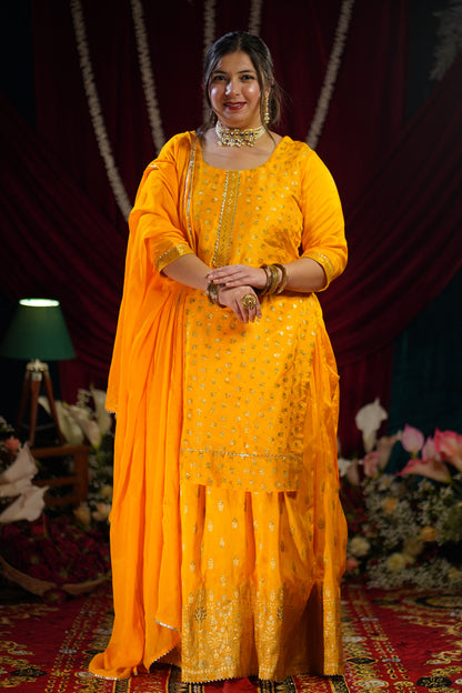 Mustard Gold Jacquard Skirt Suit