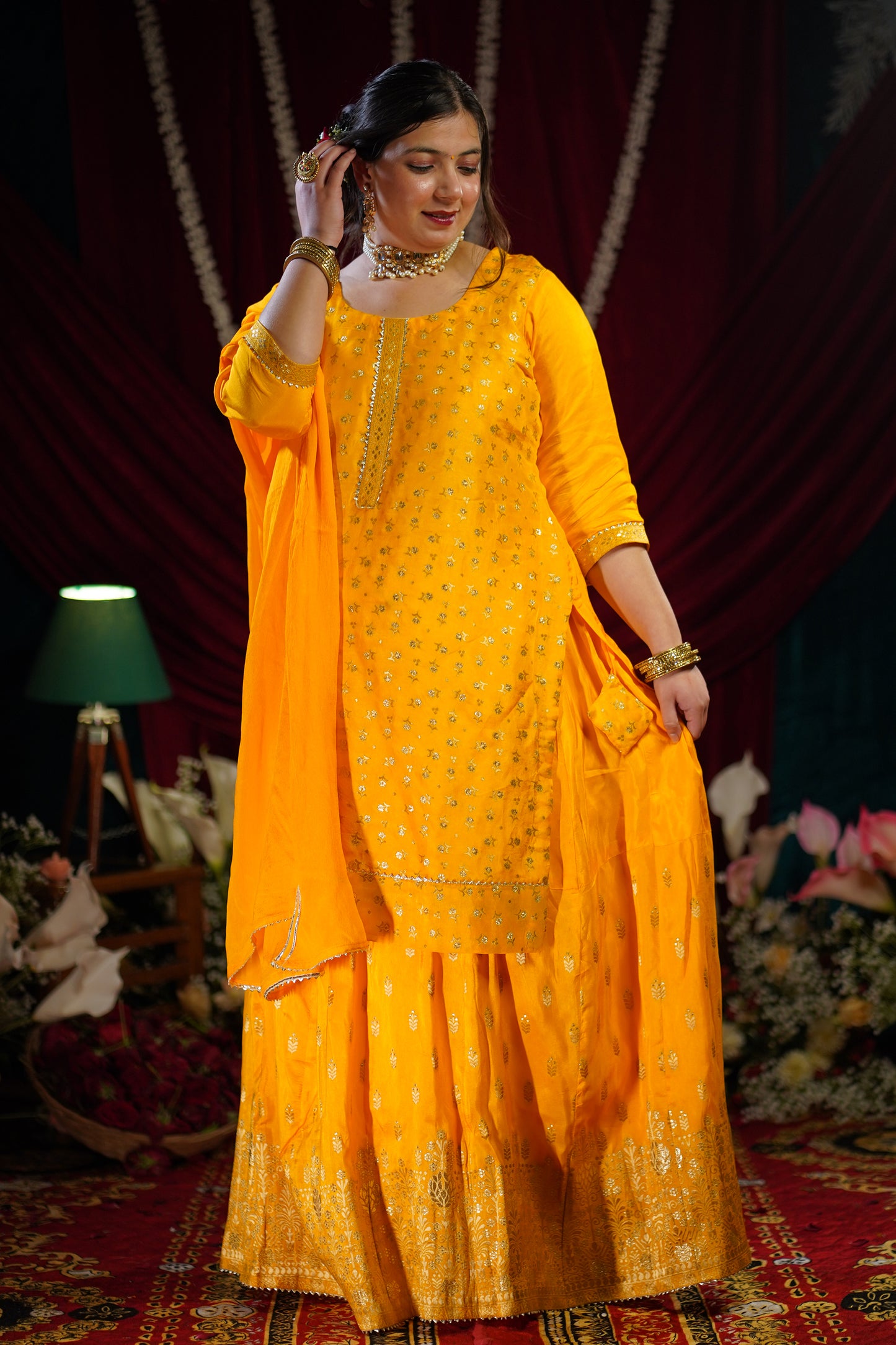 Mustard Gold Jacquard Skirt Suit