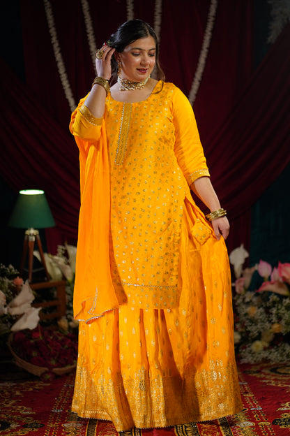 Mustard Gold Jacquard Skirt Suit