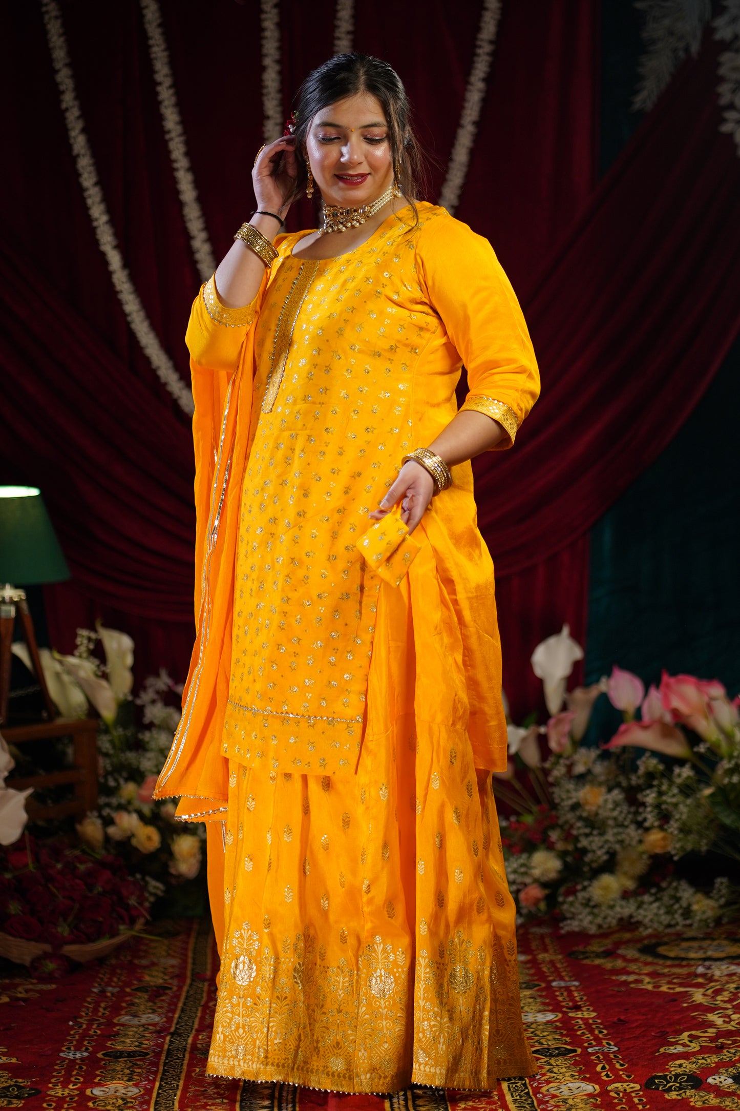 Mustard Gold Jacquard Skirt Suit