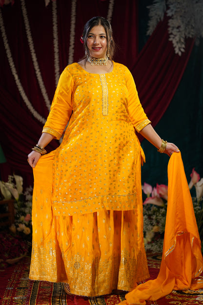 Mustard Gold Jacquard Skirt Suit