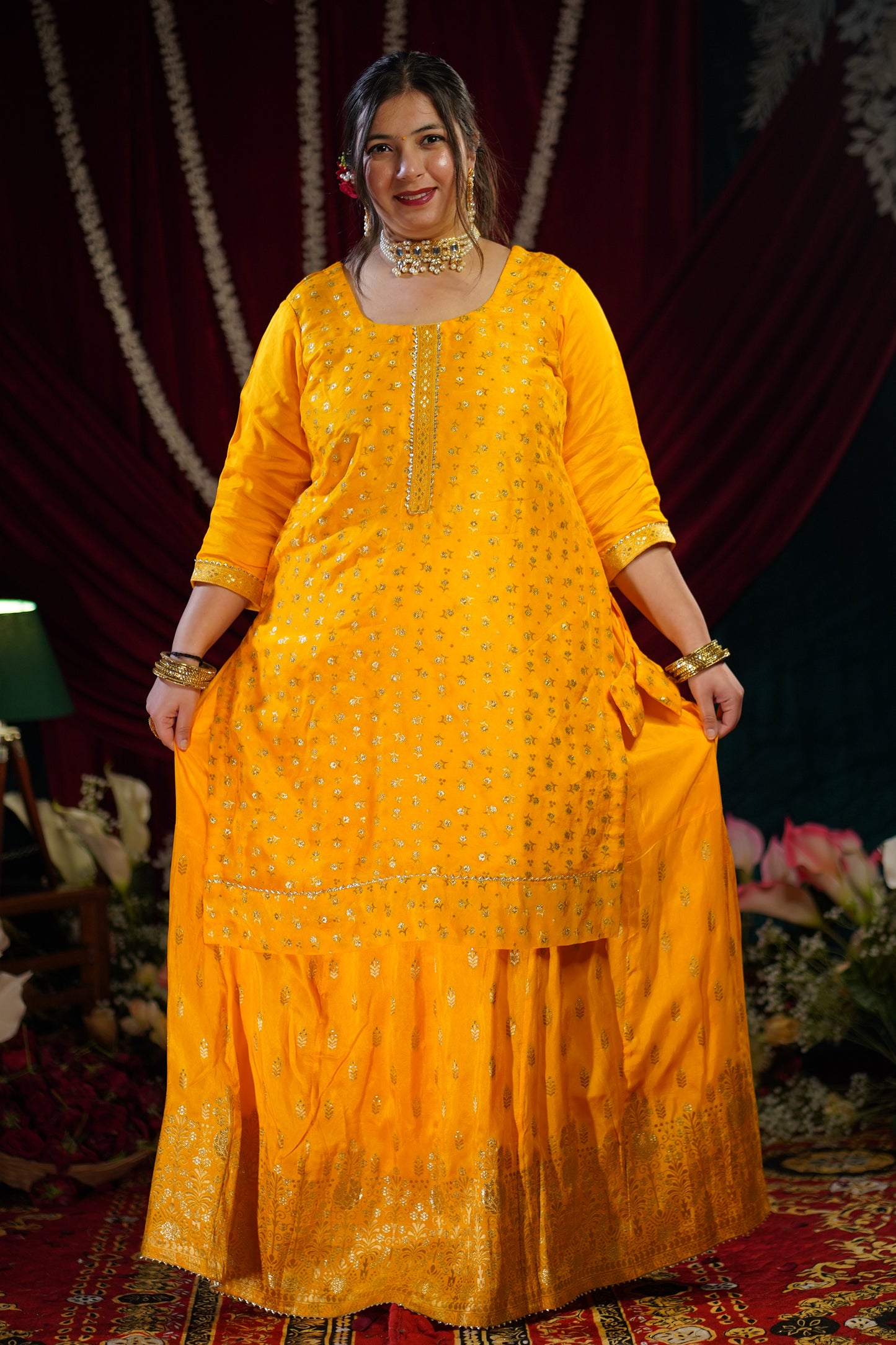 Mustard Gold Jacquard Skirt Suit