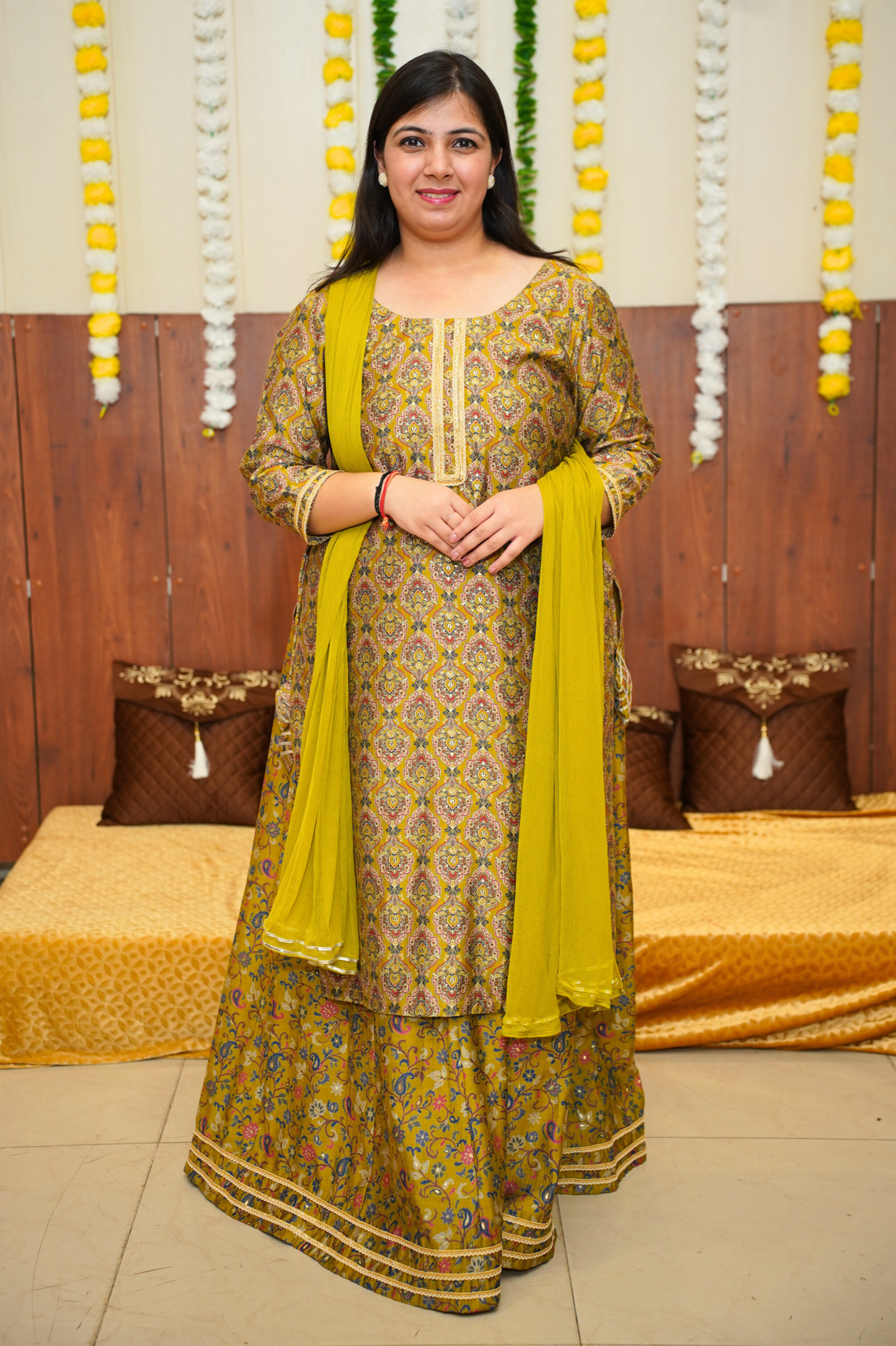 Mustard Olive Foiled Skirt Suit