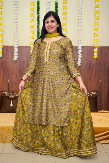 Mustard Olive Foiled Skirt Suit