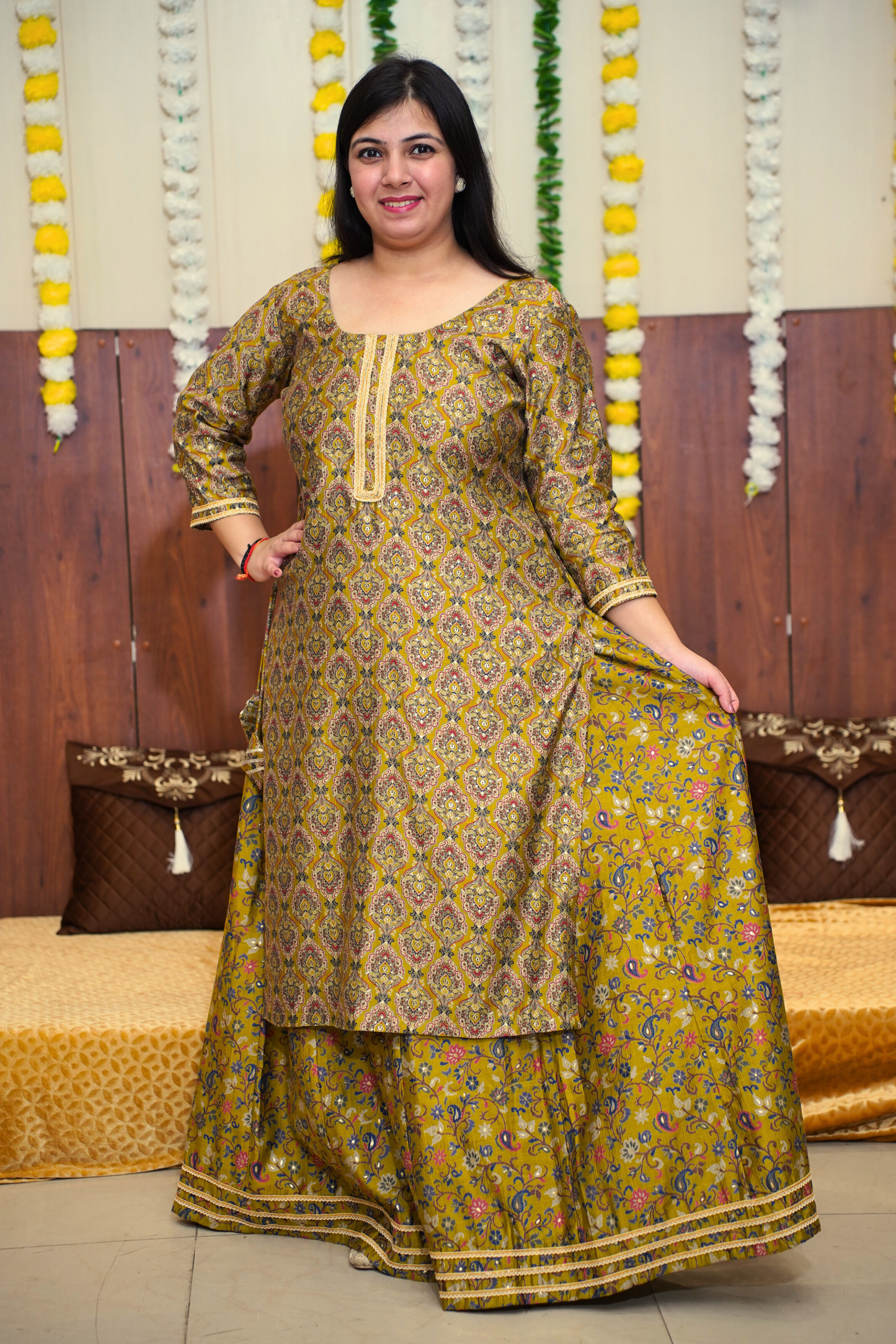 Mustard Olive Foiled Skirt Suit