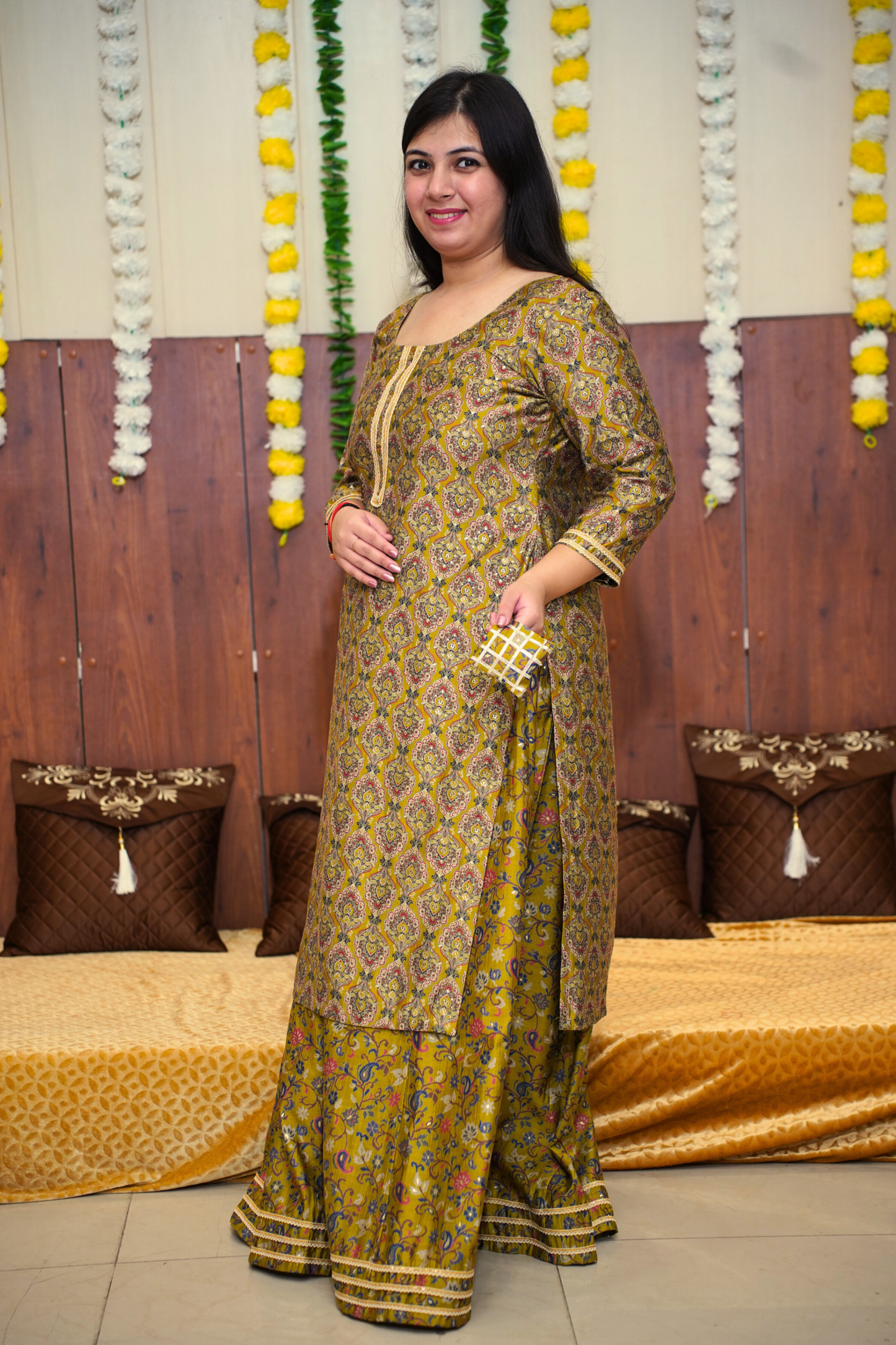 Mustard Olive Foiled Skirt Suit