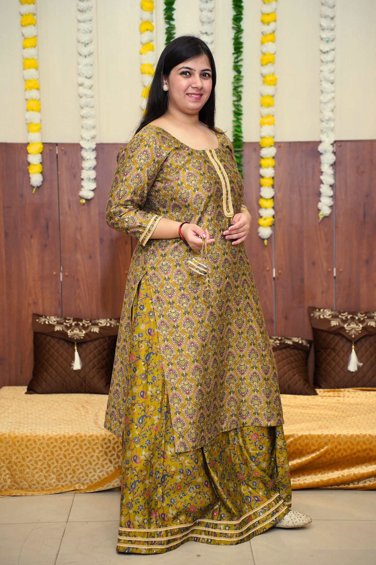 Mustard Olive Foiled Skirt Suit