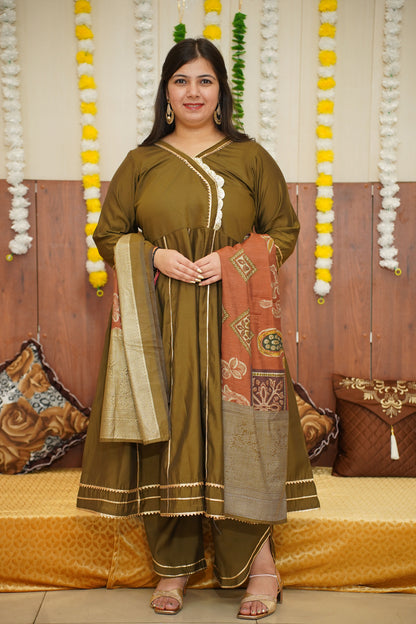 Olive Green Foiled Anarkali Set