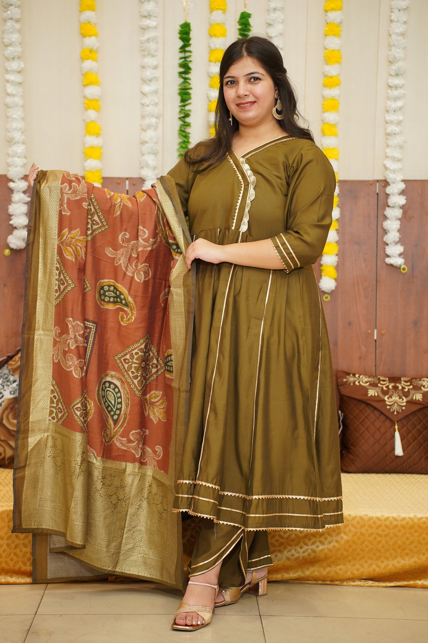 Olive Green Foiled Anarkali Set