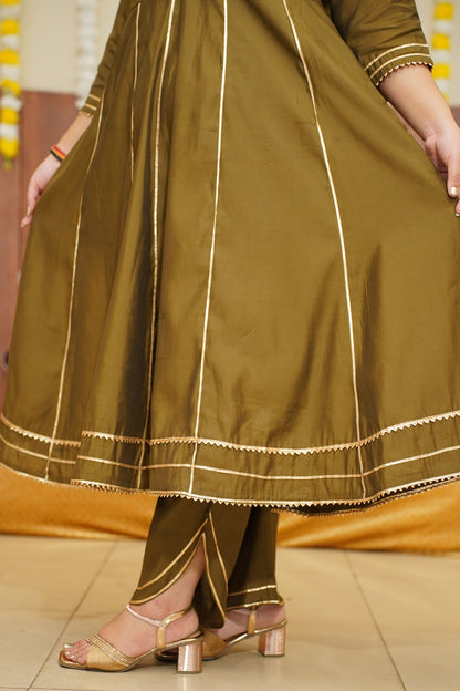 Olive Green Foiled Anarkali Set