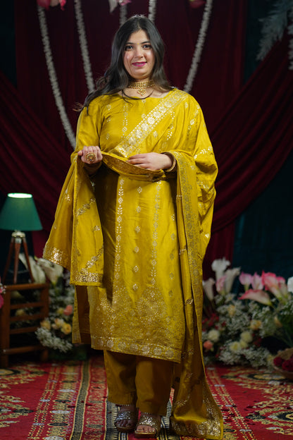 Olive Gold Jacquard Silk Suit