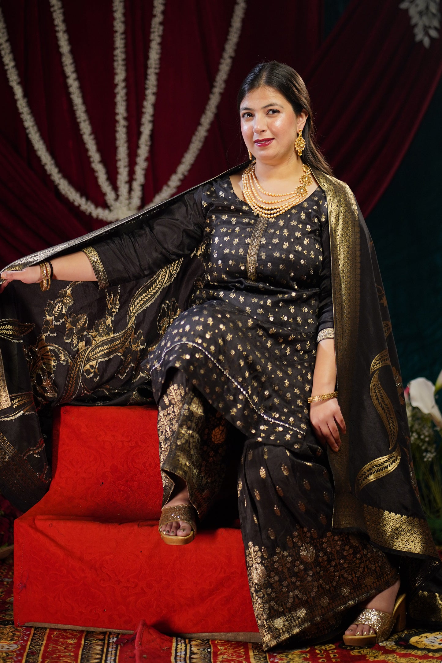 Opulent Black Jacquard Sharara Suit