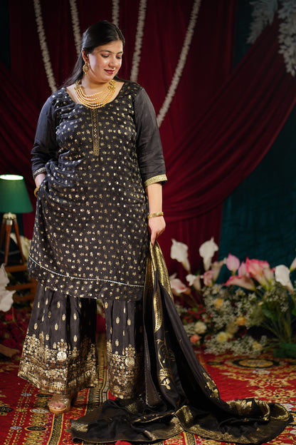 Opulent Black Jacquard Sharara Suit