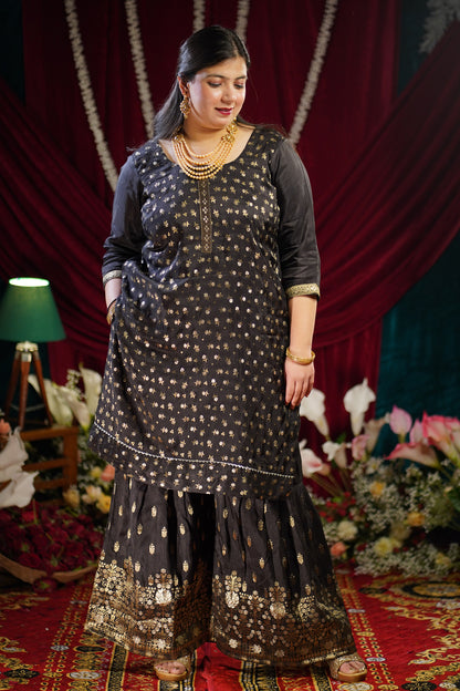 Opulent Black Jacquard Sharara Suit