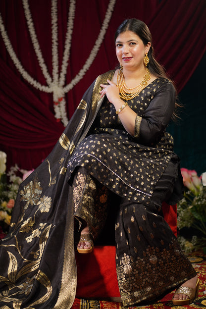 Opulent Black Jacquard Sharara Suit