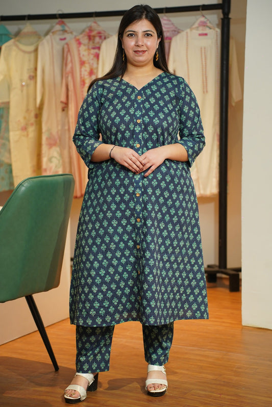 Peacock Ajrakh Katha Kurta Set