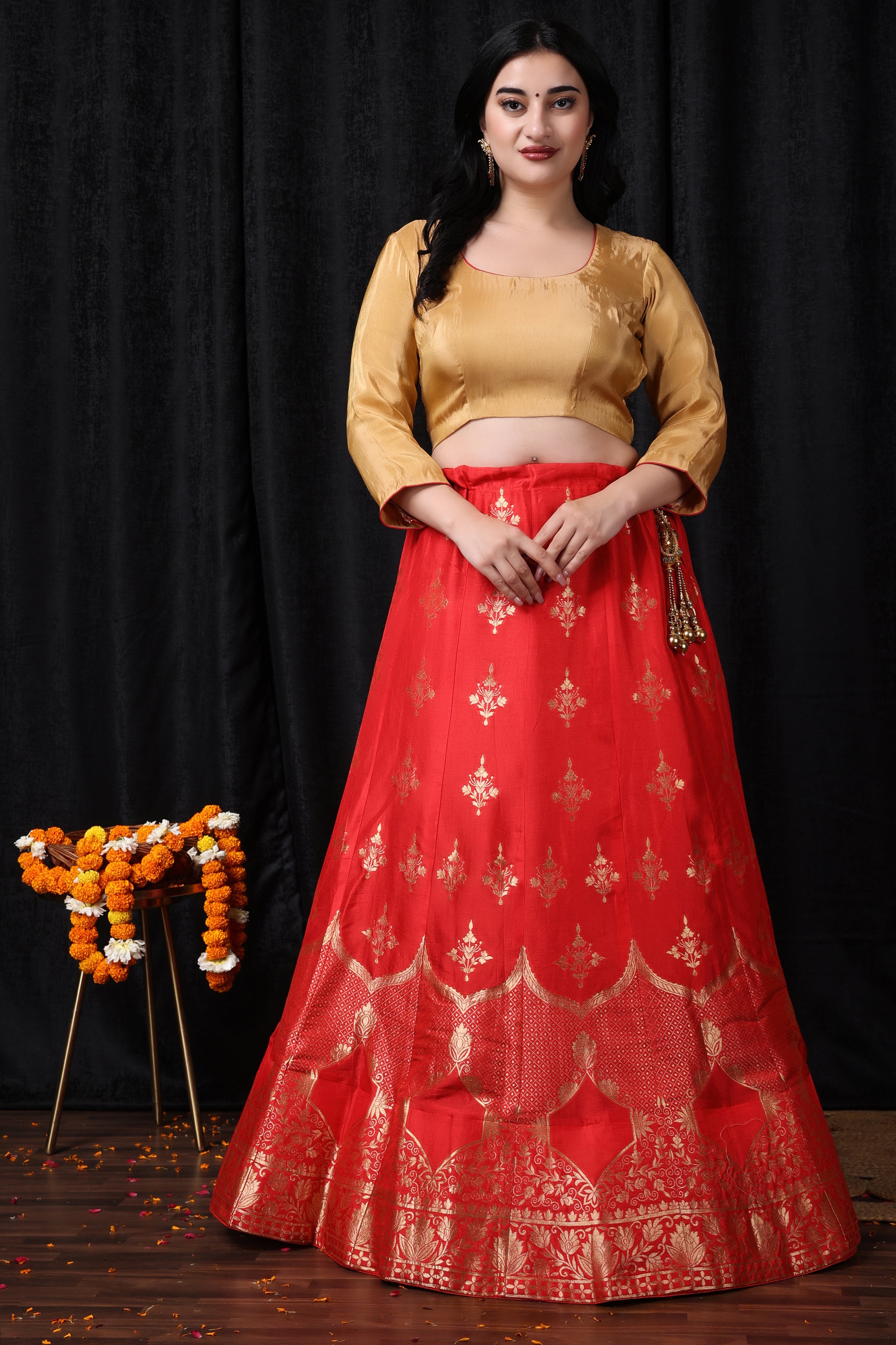 Red And Gold Periwinkle Lehenga Set | KYNAH