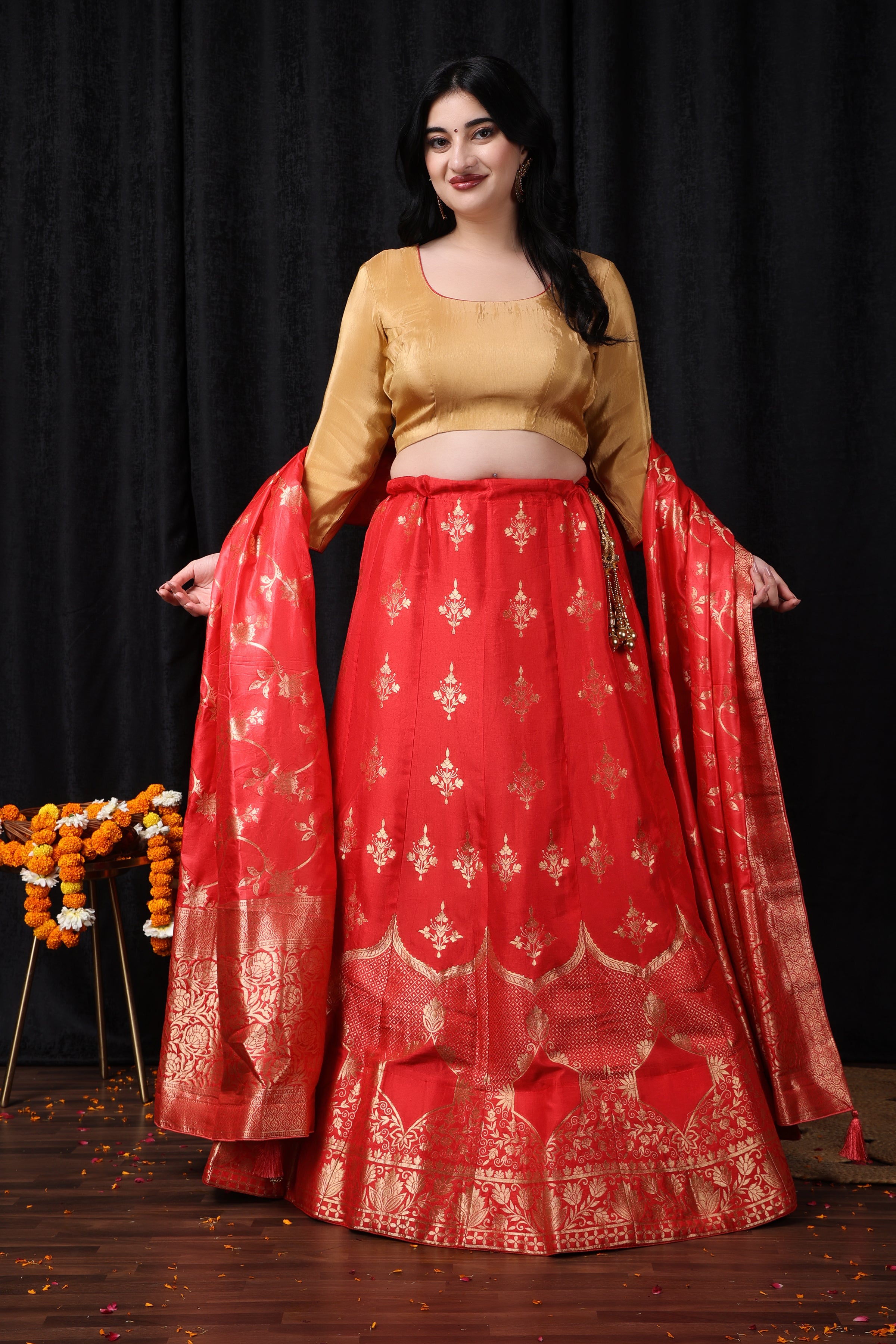 Red silk blouse with cutwork, red silk lehenga – Sapana Amin