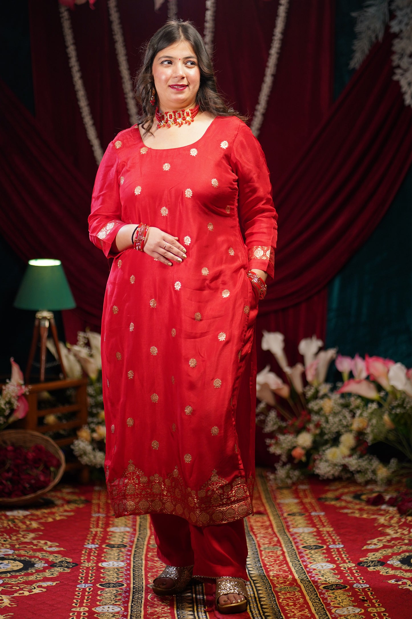 Fiesta Red Jacquard Silk Suit