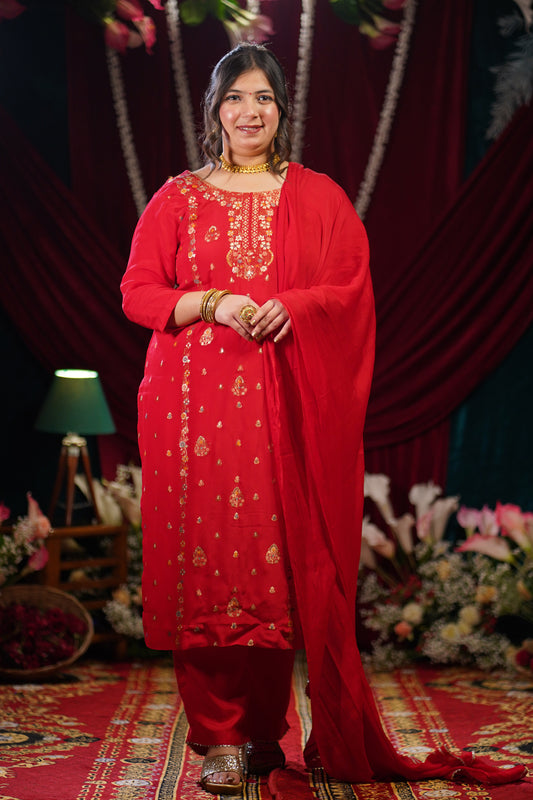 Rosette Red Jacquard Suit Set