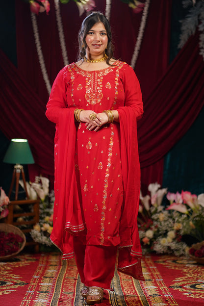 Rosette Red Jacquard Suit Set