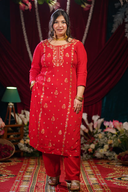 Rosette Red Jacquard Suit Set