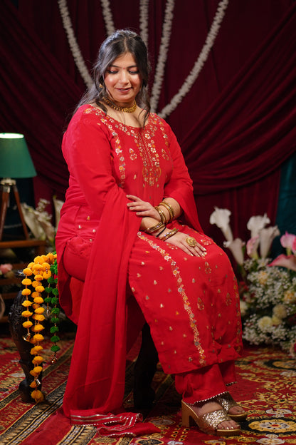 Rosette Red Jacquard Suit Set