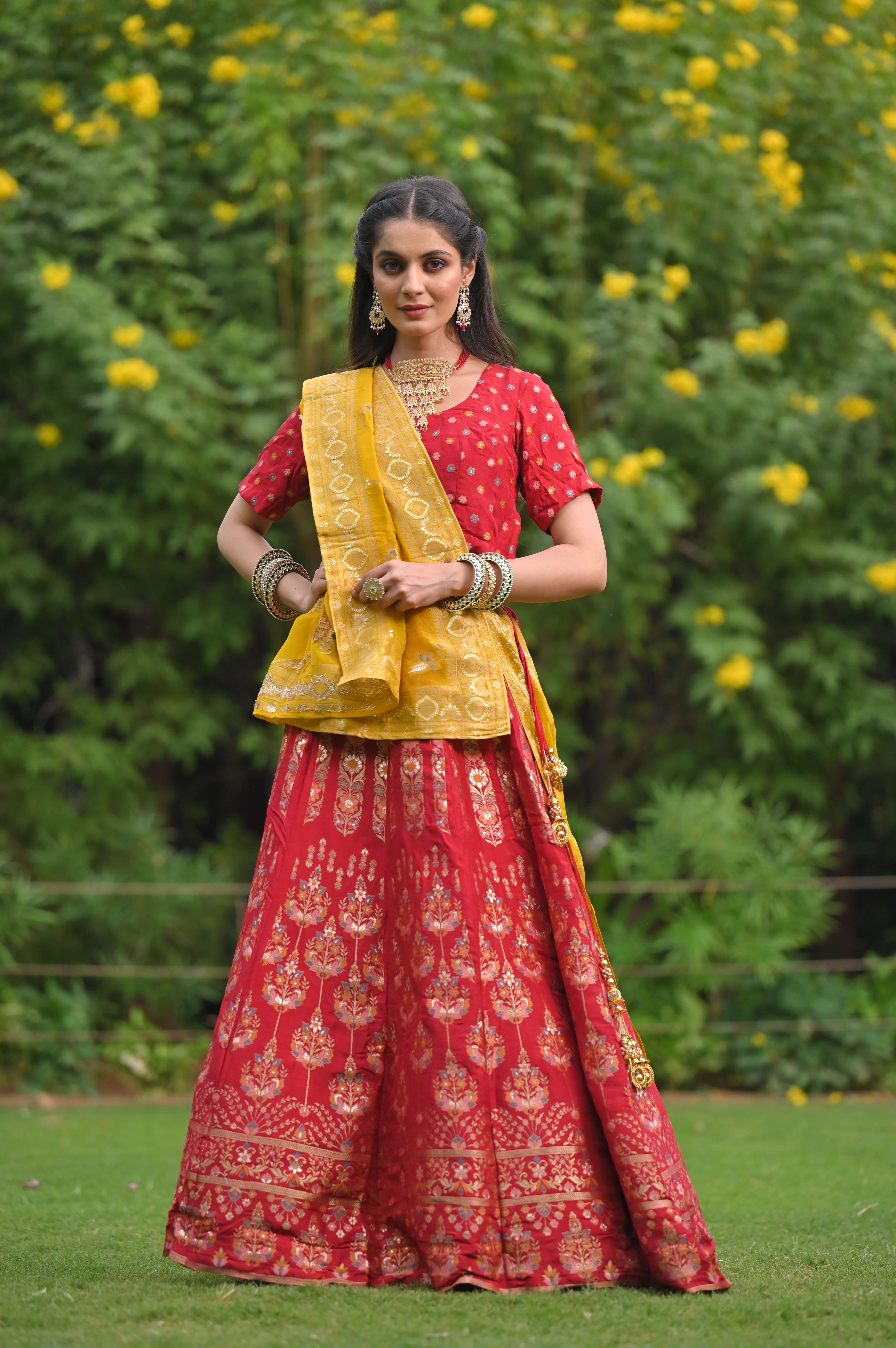 Designer Green And REd color lehenga choli with Patola Print and foil
