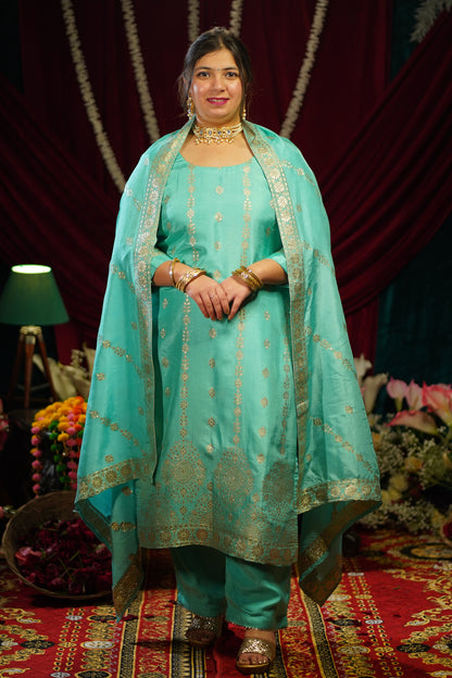 Turquoise Blue Jacquard Silk Suit