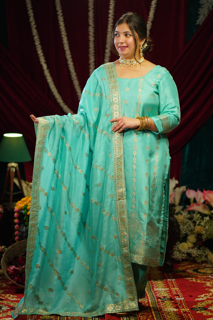 Turquoise Blue Jacquard Silk Suit