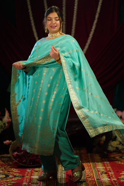 Turquoise Blue Jacquard Silk Suit