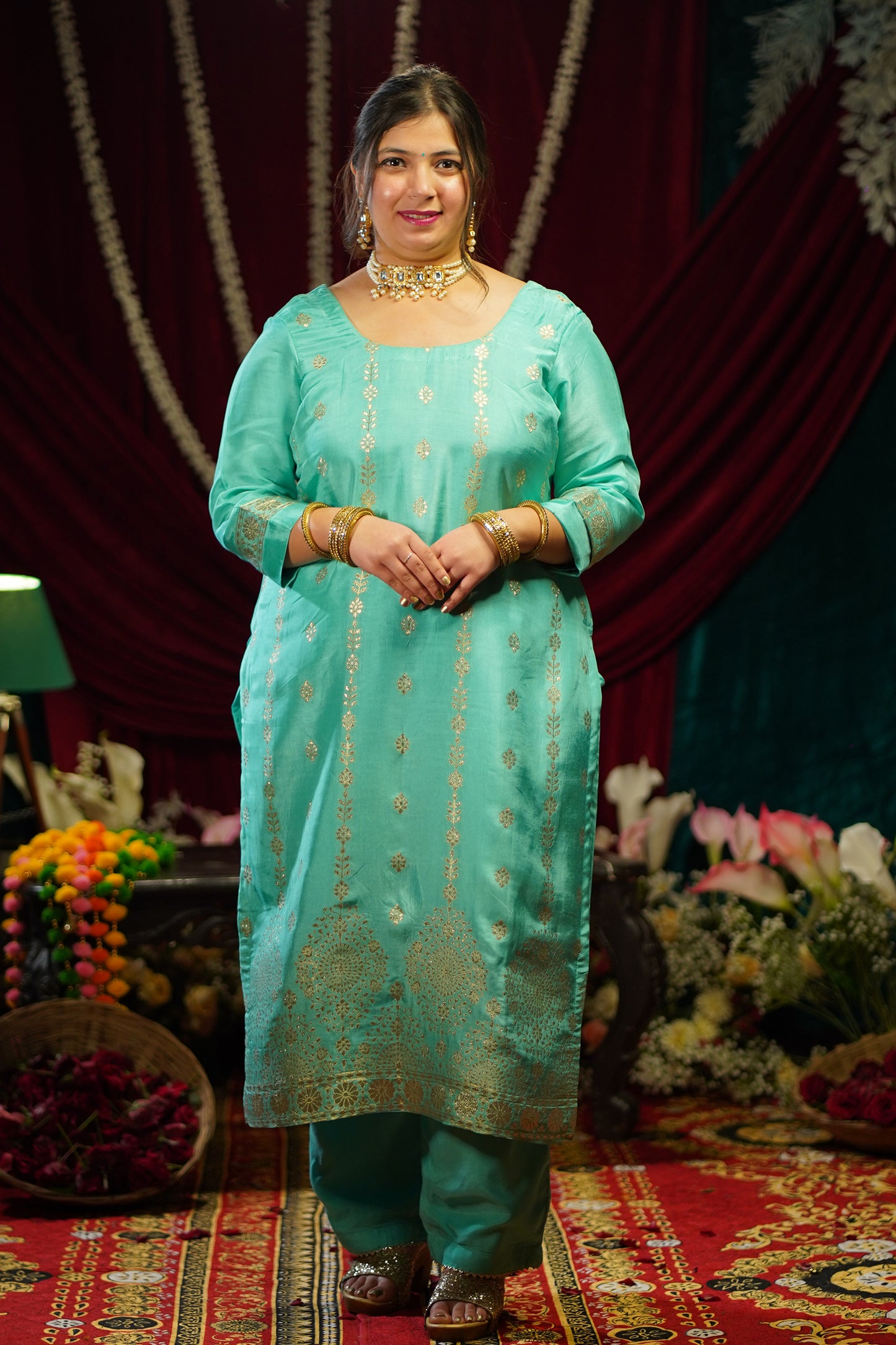 Turquoise Blue Jacquard Silk Suit