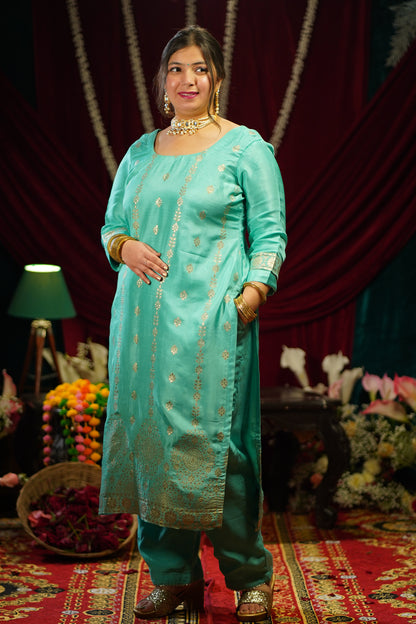 Turquoise Blue Jacquard Silk Suit