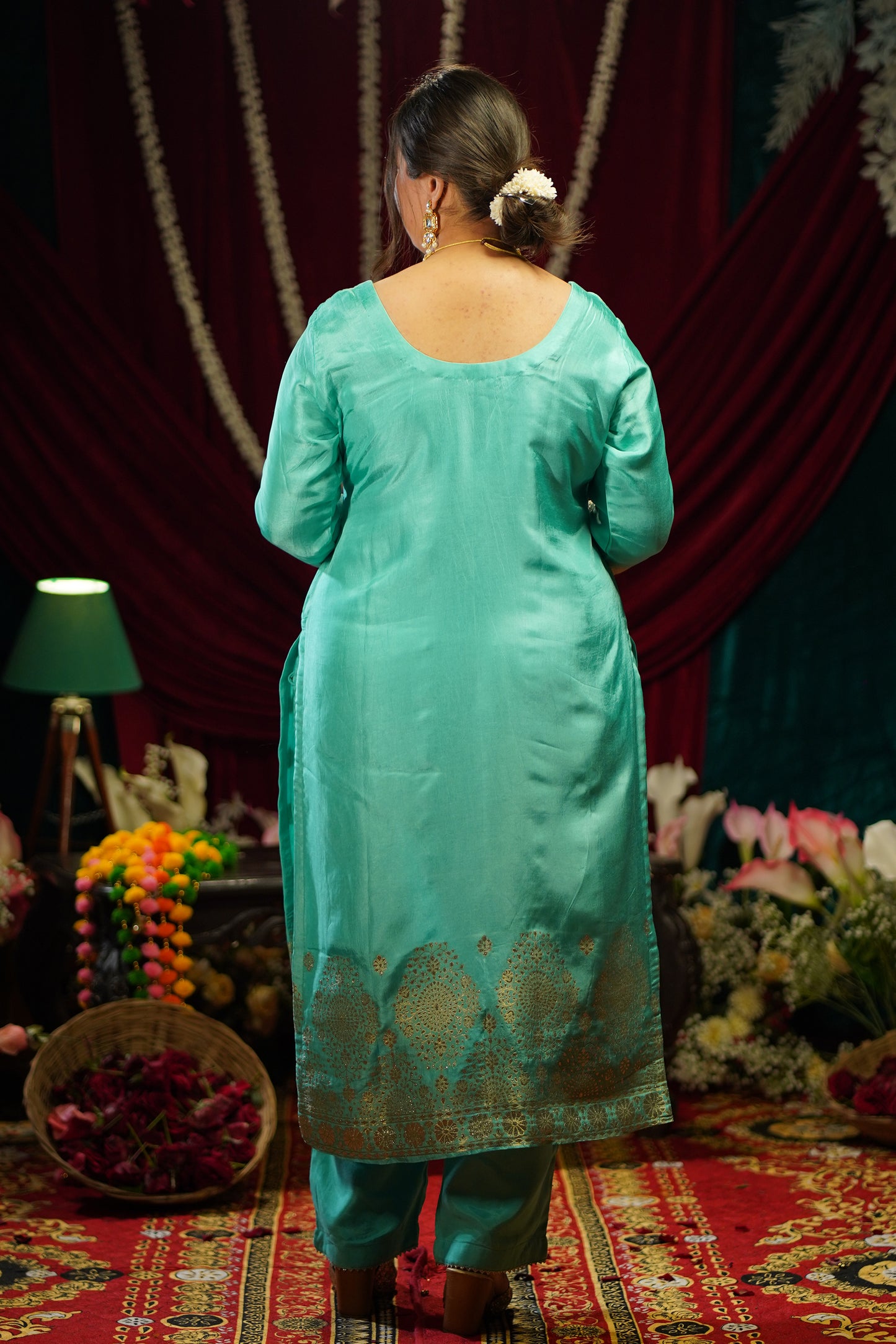 Turquoise Blue Jacquard Silk Suit