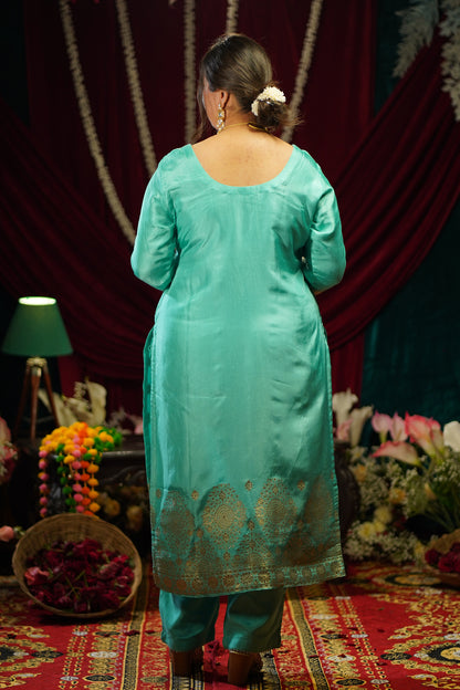 Turquoise Blue Jacquard Silk Suit