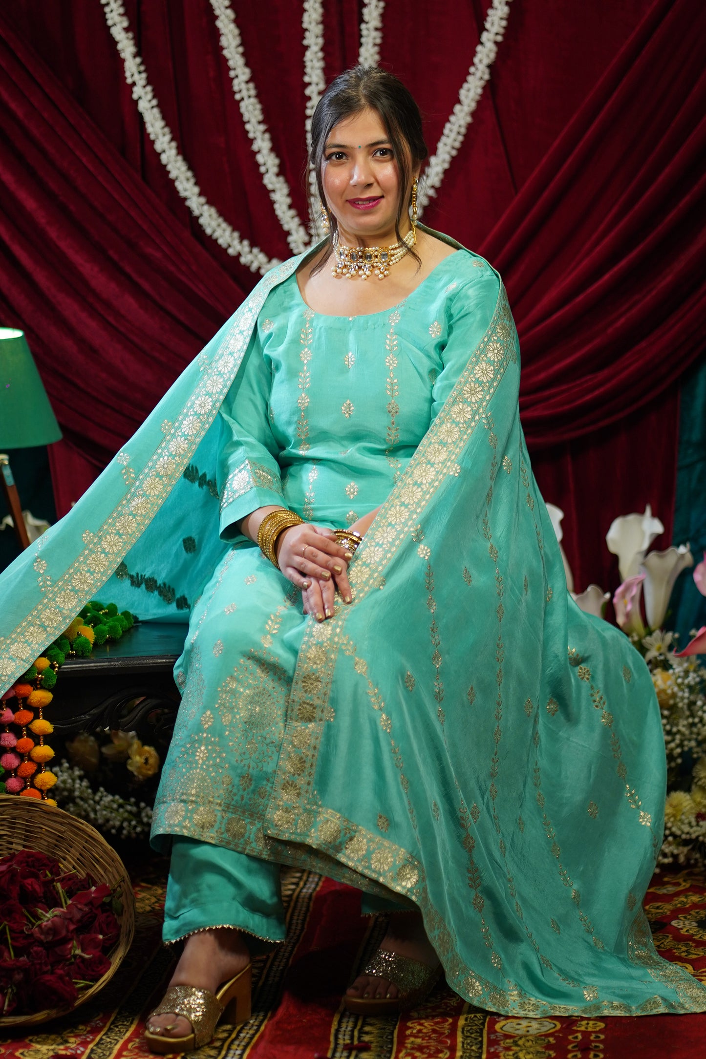 Turquoise Blue Jacquard Silk Suit