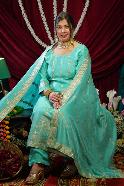 Turquoise Blue Jacquard Silk Suit