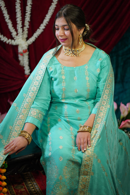 Turquoise Blue Jacquard Silk Suit