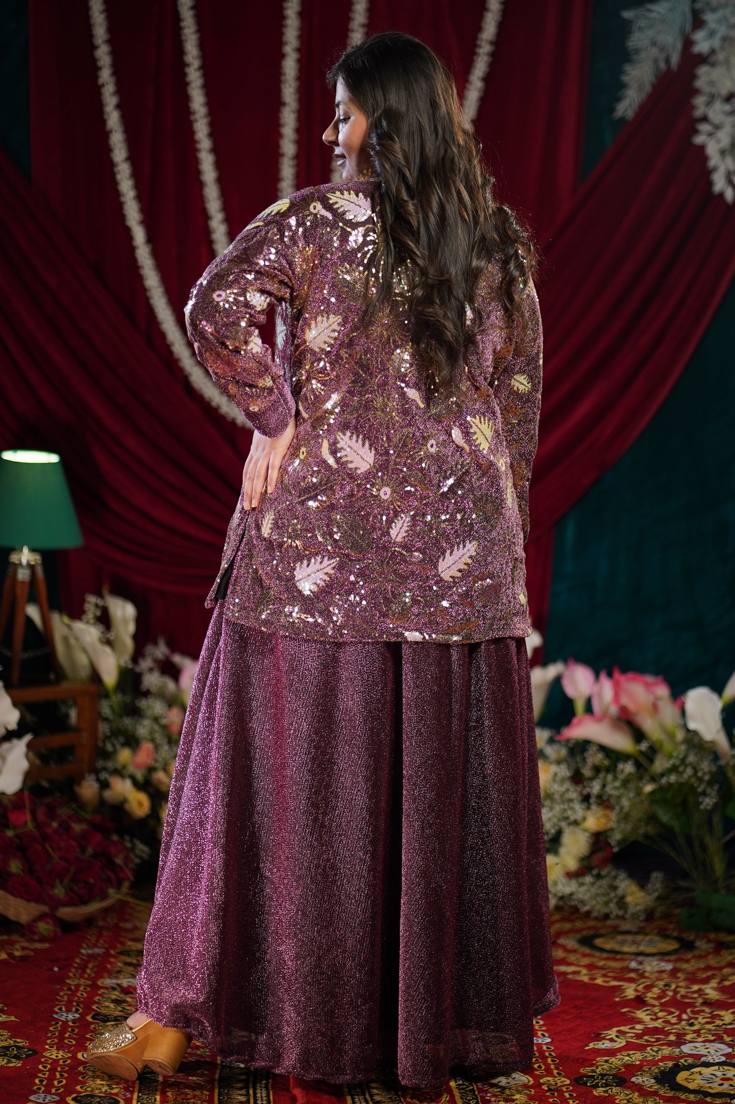 Crimson Wine Sequin Cape Set