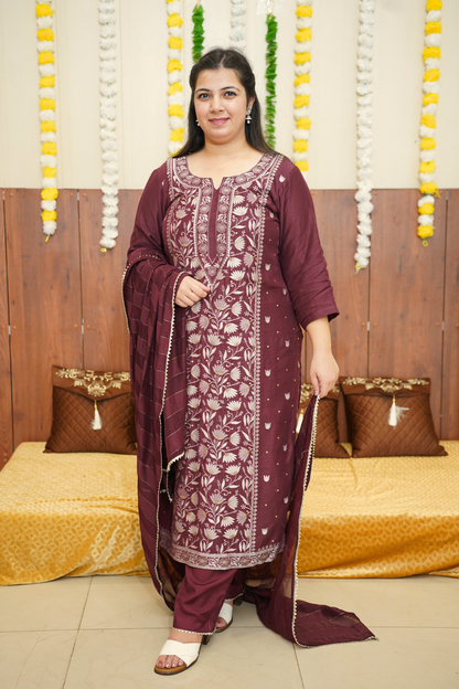 Regal Wine Jacquard Suit Set