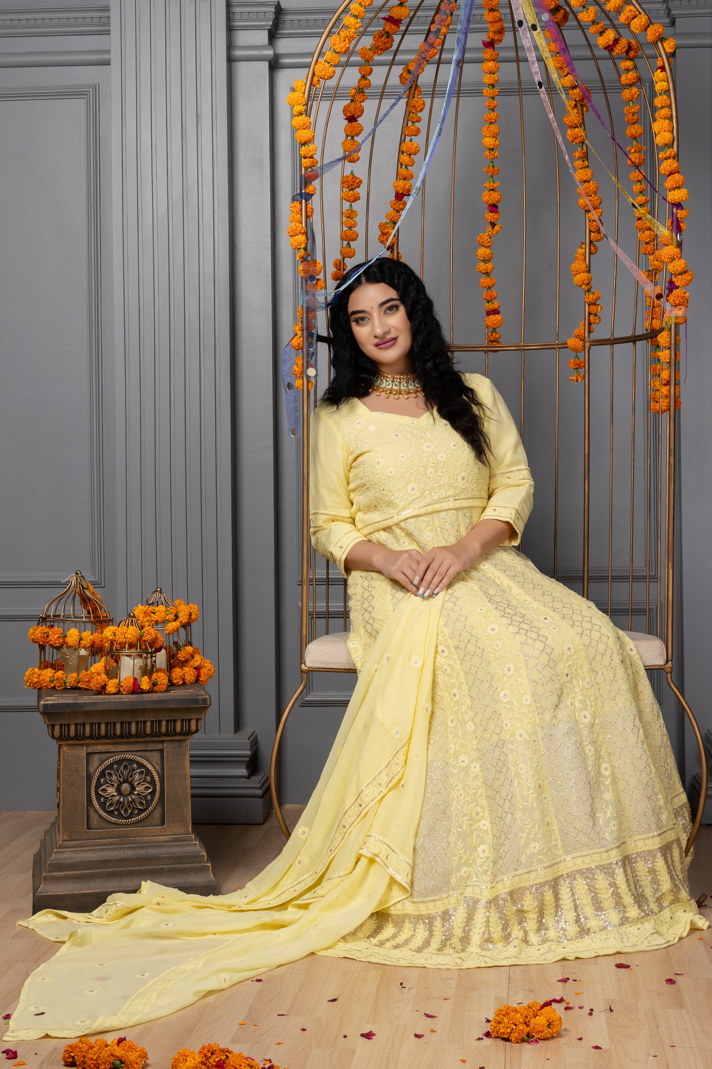 Shop Online Off-White Georgette Lucknowi Anarkali Suit with Dupatta – Pure  Elegance